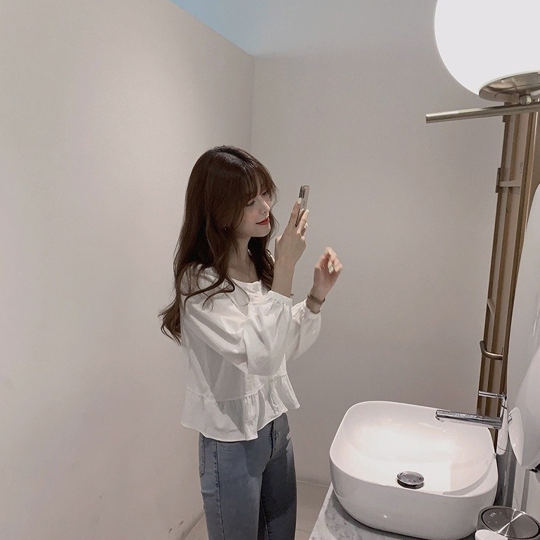 Áo sơ mi SUXI tay dài cổ vuông dáng rộng đơn giản phong cách Hàn Quốc thời trang