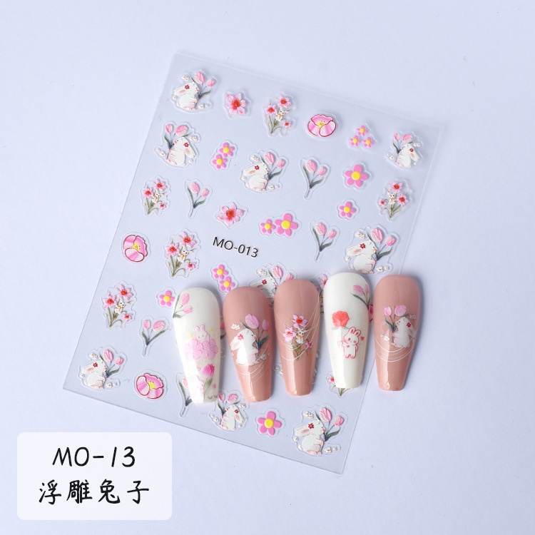 Miếng Dán Trang Trí Móng Tay 5D Họa Tiết Thỏ Và Hoa Dễ Thương