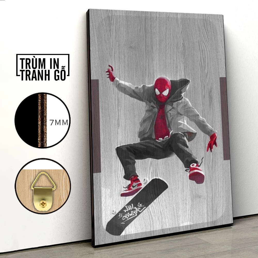 Tranh in gỗ trang trí nội thất Spider Man Trượt Ván Marvel Universes decor phòng ngủ phòng khách văn phòng