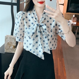 Áo sơ mi chiffon tay ngắn họa tiết chấm bi thời trang mùa hè xinh xắn cho nữ