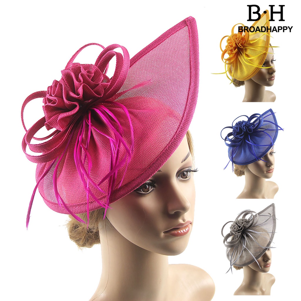 Bh.t Kẹp Tóc Hình Nón Bowler Đính Hoa Lưới Màu Trơn Phối Lông Vũ Kiểu Vintage Cho Nữ