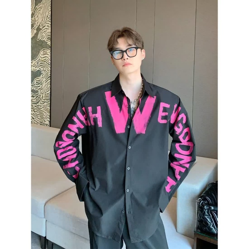 Áo Sơ Mi Tay Dài Dáng Rộng In Họa Tiết Graffiti Đường Phố Mỹ Cá Tính Cho Nam Và Nữ