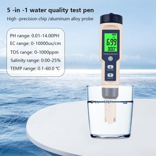 【Bút Kiểm Tra Chất Lượng Nước 5 Trong 1】Máy Đo Độ Mặn Và Độ PH 5 Trong 1, Đèn Nền Đo Độ PH/TDS/EC/Độ MặN/Nhiệt Độ