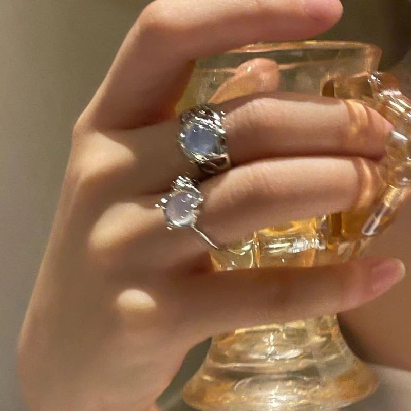 Nhẫn Hở Mạ Vàng 2K Đính Đá Mặt Trăng Xanh Y2k Phong Cách Vintage dreamdiary