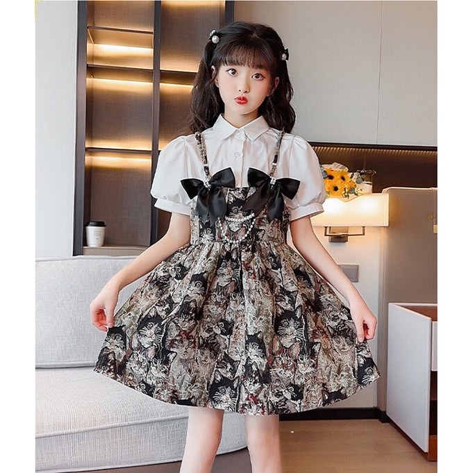 Bộ Áo Sơ Mi Phối Chân Váy Yếm Kiểu Hàn Quốc Thời Trang Mùa Hè Cho Bé Gái