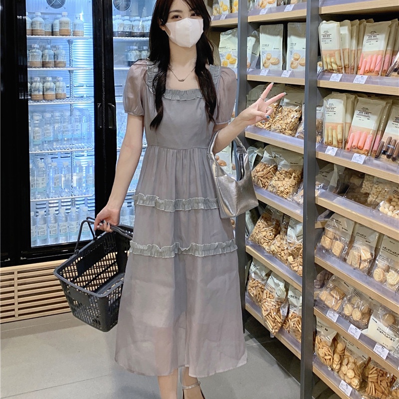 IELGY   Đầm Eo Cao Phối Ren Mỏng Màu Trơn Phong Cách IELGY    mori Dành Cho Nữ