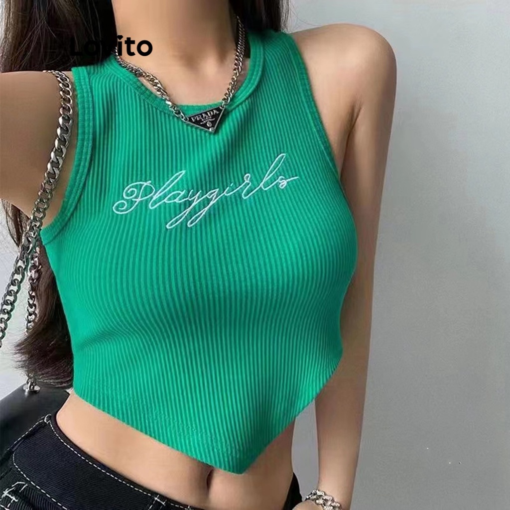Áo LOVITO không tay cổ tròn họa tiết chữ cái phong cách vintage dành cho nữ LNE06125 (màu xanh lá)