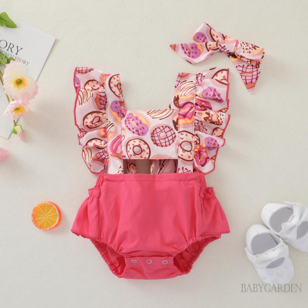 Áo Liền Quần Tay Xòe In Hình Bánh Donut Kèm Băng Đô Xinh Xắn Cho Bé Gái 0-24 Tháng Tuổi