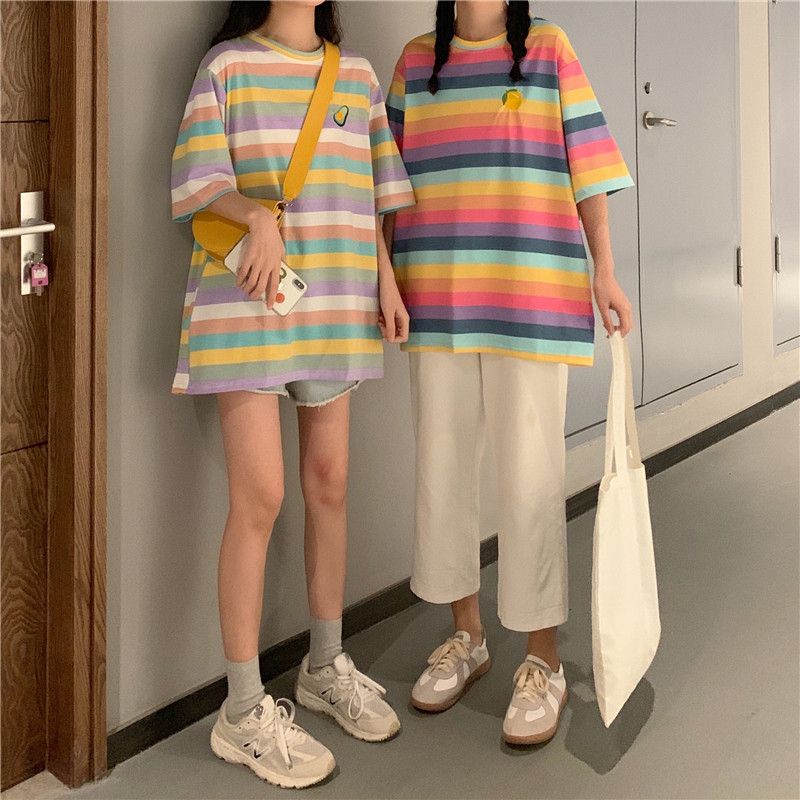 Áo Thun Ngắn Tay Dáng Rộng Họa Tiết Kẻ Sọc Cầu Vồng Thời Trang Mùa Hè 2023 Phong Cách Hàn Quốc Cho Nữ