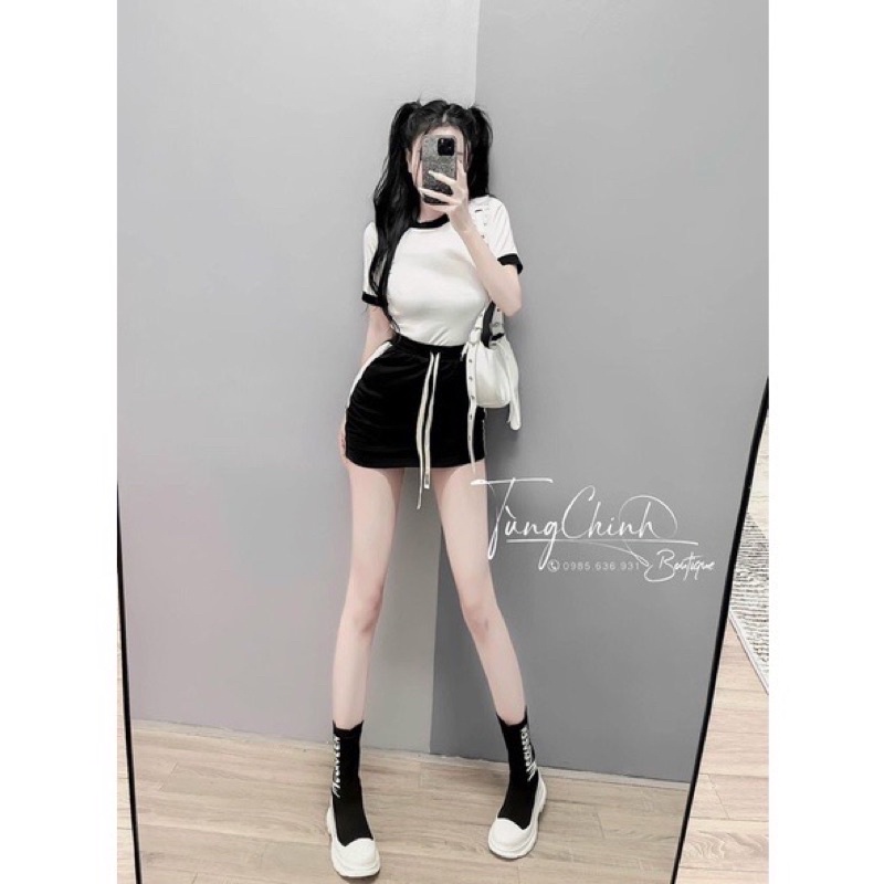 SÉT ÁO KÈM VÁY NGẮN SỌC NGANG CÓ QUẦN BẢO HỘ ĐẸP MÊ LY LUÔN alohashop91