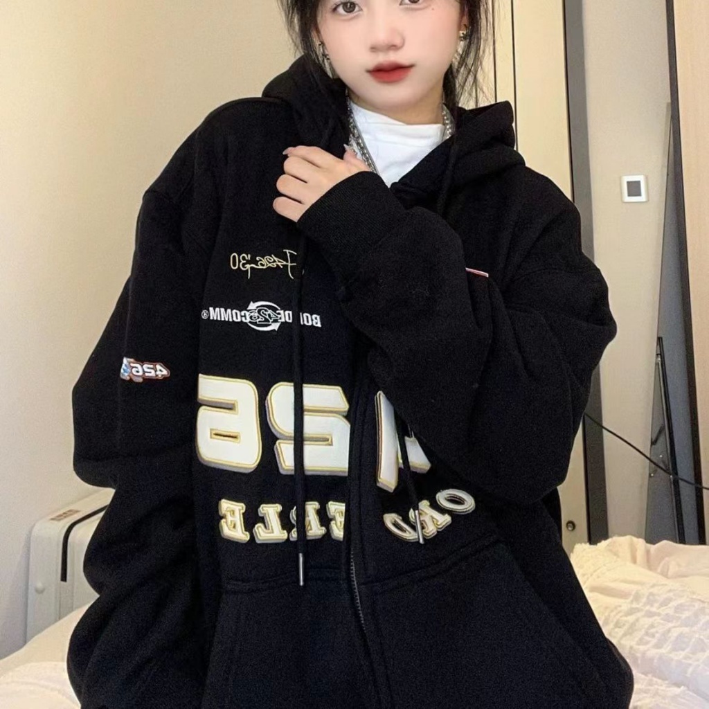 Áo Khoác Khóa Kéo In logo Phân Tử Phong Cách Đường Phố Retro