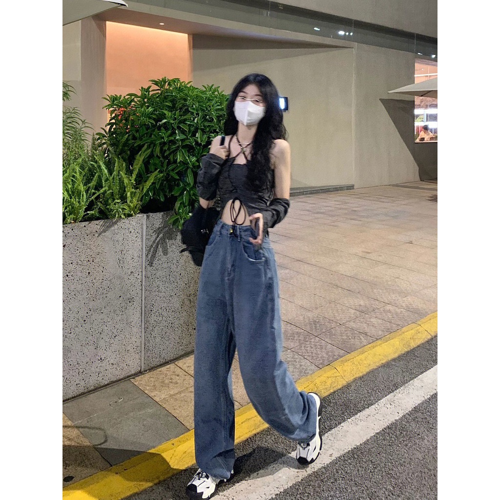 Jiashucheng Áo Hai Dây Dáng Ngắn Ôm Sát Cổ Yếm Mùa Hè Phong Cách Mỹ Cho Nữ