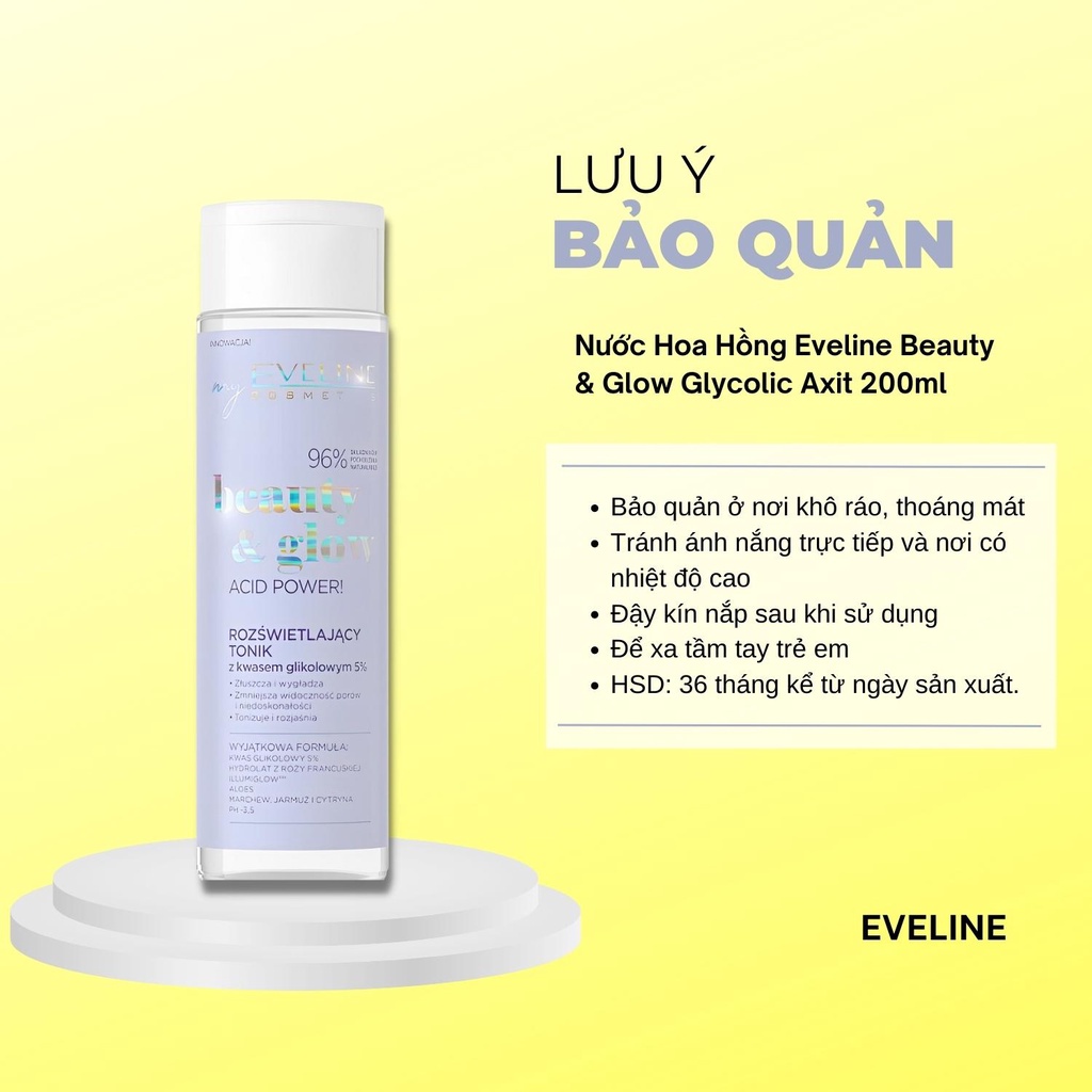 Toner Nước hoa hồng Eveline Glycolic Axit Beauty &amp; Glow Trắng Da Giảm Thâm 200ml
