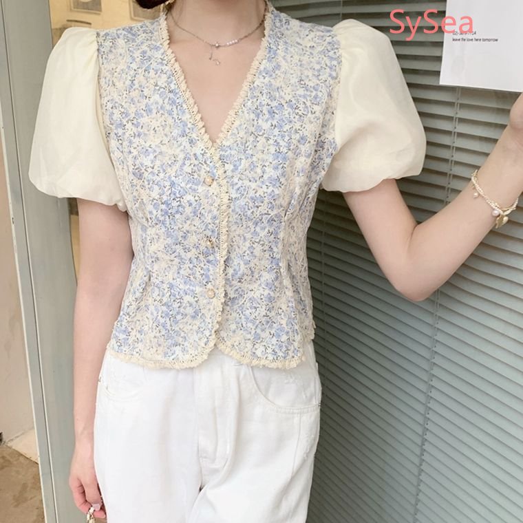 Áo Kiểu Tay Phồng Cổ Chữ V Phối Ren Hoa Phong Cách Retro Pháp