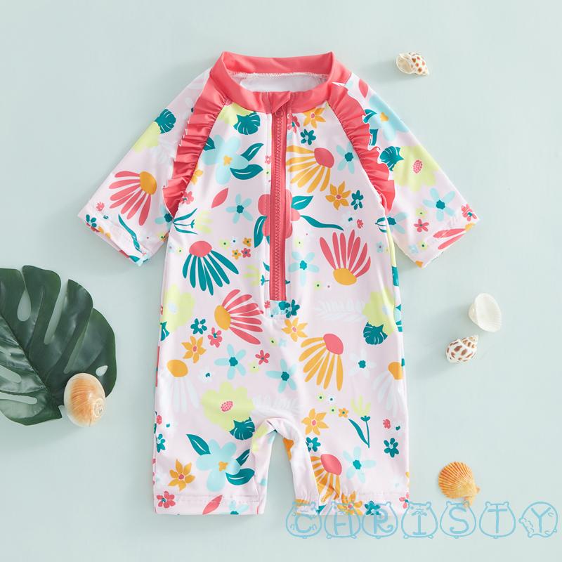 Bộ Đồ Bơi Tay Ngắn Phối Bèo Họa Tiết Hoa Xinh Xắn Thời Trang Mùa Hè Cho Bé Gái