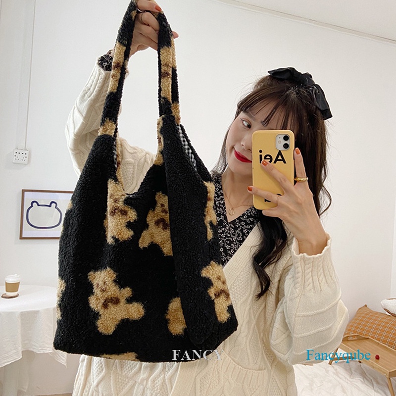 Fancy Túi Tote Đeo Vai Bằng Vải Bông Mềm Mại Sức Chứa Lớn Hình Gấu Dễ Thương Giữ Ấm Cho Nữ