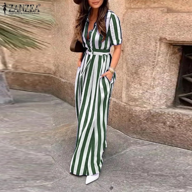 ZANZEA Áo Sơ Mi Nữ Ngắn Tay Họa Tiết Sọc Dọc Kèm Thắt Lưng Thời Trang