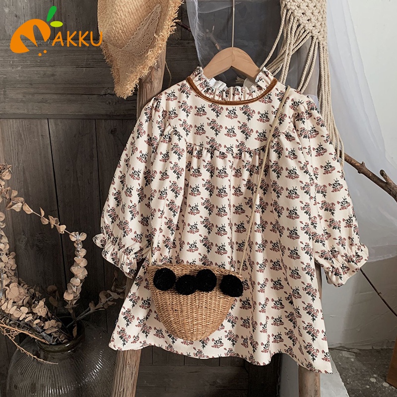 Đầm Tay Dài Cổ Ren Họa Tiết Hoa Phong Cách Hàn Quốc Cho Bé Gái Aku