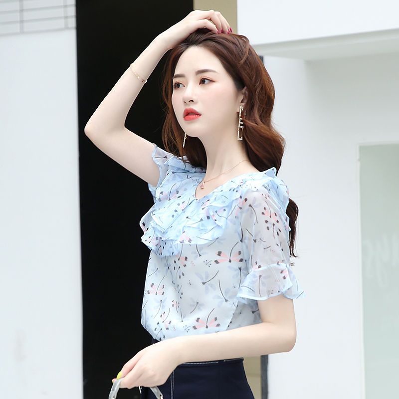 Áo Sơ Mi Chiffon Hai Lớp Tay Ngắn Cổ Lá Sen In Họa Tiết Hoa Thời Trang Mùa Hè 2023 Cho Nữ M6CD