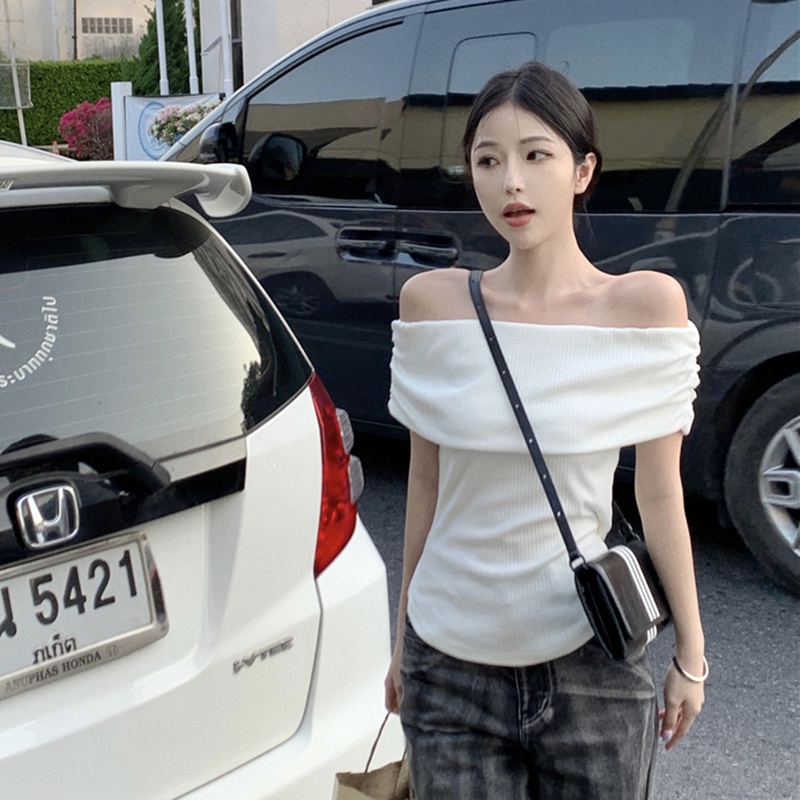 IELGY Áo sweater Dệt Kim Trễ Vai Tay Ngắn Màu Trắng Phong Cách Cổ Điển Thời Trang Cho Nữ