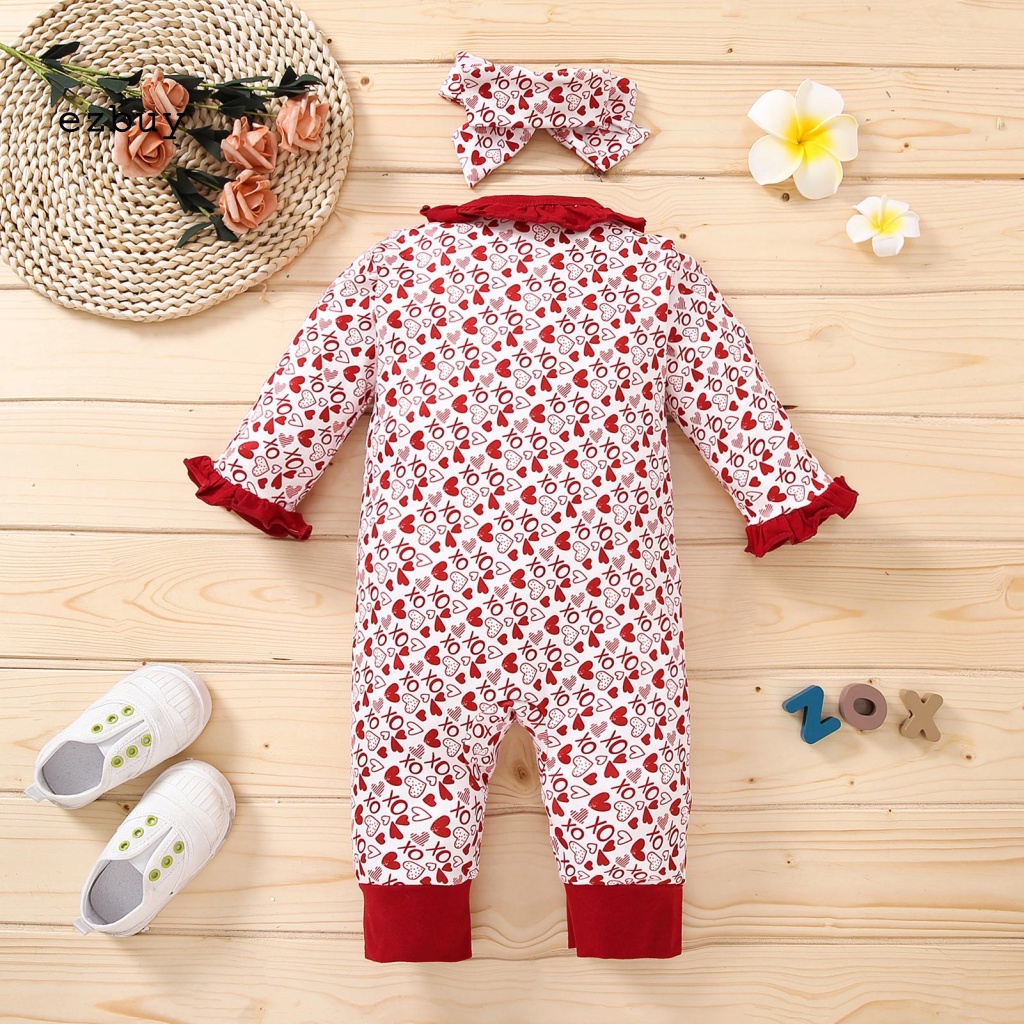 Set 2 Áo Liền Quần Mềm Mại Thoải Mái In Họa Tiết Trái Tim Kèm Băng Đô Cho Bé