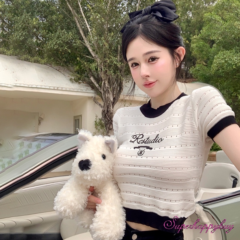 Áo Dệt Kim Tay Ngắn Hở Rốn In Chữ Thời Trang Cho Nữ