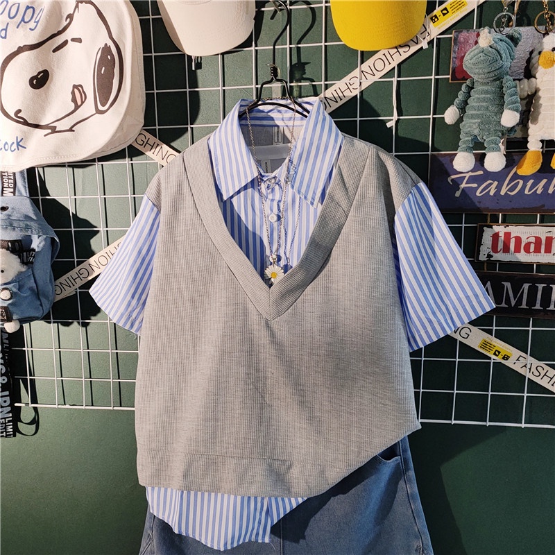 Áo Sơ Mi Giả Hai Lớp + Quần Short Dáng Rộng Thời Trang Mùa Hè Cho Nam