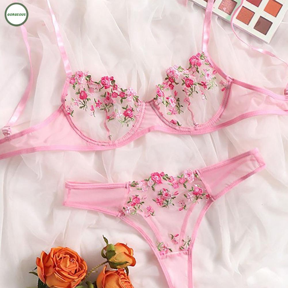 GORGEOUS~Women Sexy Lace Embroidery Bra Thongs Set  Sheer Nightwear Lingerie Sleepwear