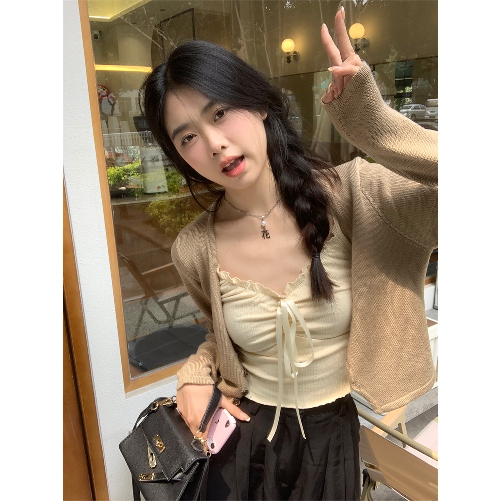 Bộ Đồ Thời Trang Nữ Tính Đáng Yêu|Pure Desire Bộ Áo Khoác Cardigan Dệt Kim Ngắn Cổ Chữ v Mềm Mại + Áo Hai Dây Thắt Nơ Màu Sữa Phong Cách Hàn Quốc Cho Nữ