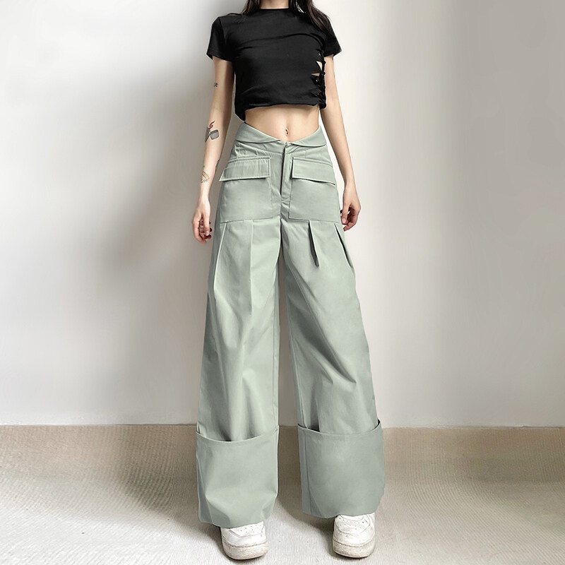 Kliou Quần Dài Dáng Rộng Lưng Cao Phối Túi Phong Cách Hip hop Mỹ Thời Trang 2023