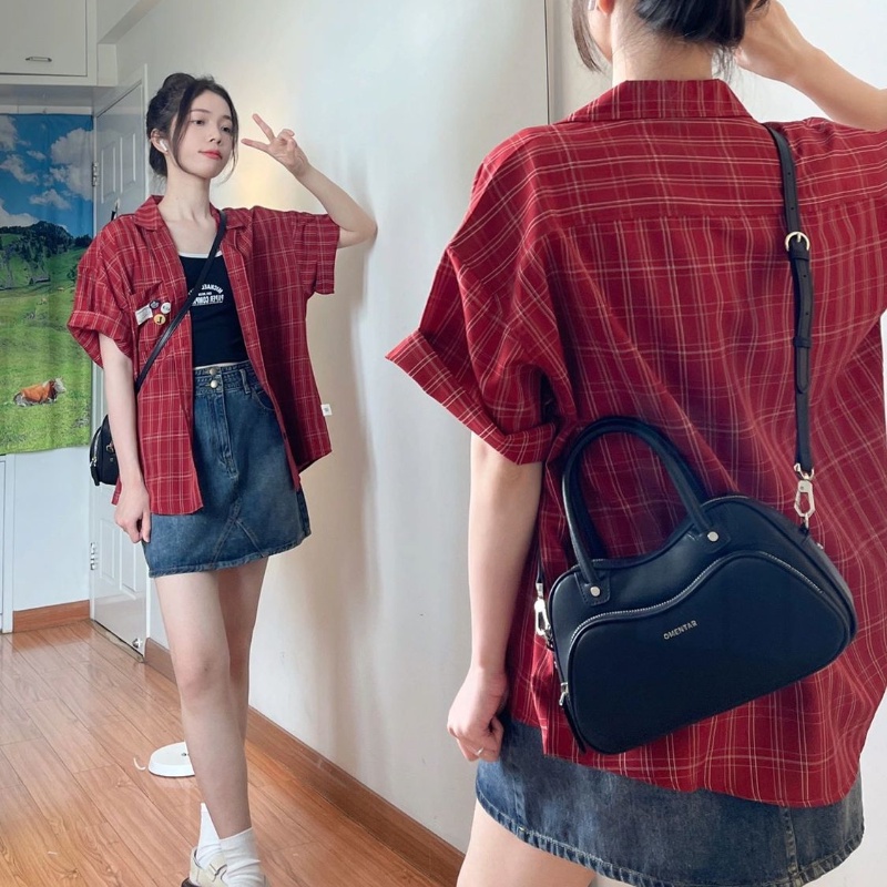 COZOK Áo Sơ Mi Tay Ngắn Dáng Rộng Họa Tiết Sọc Caro Phong Cách Vintage