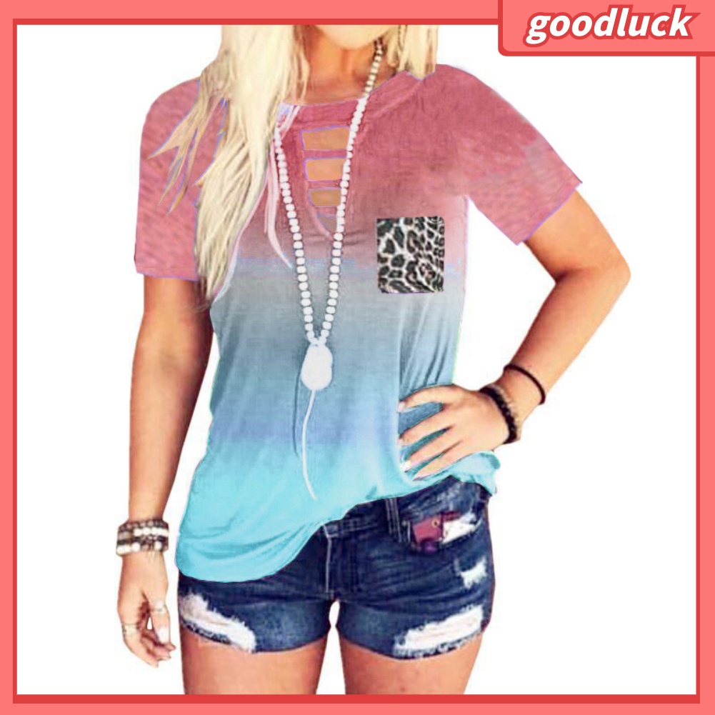 Áo Thun Ngắn Tay Cổ Tròn Màu Gradient Thời Trang Cho Nữ
