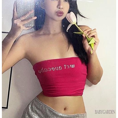 Áo Croptop Trễ Vai Không Dây Co Giãn In Chữ Đính Đá Thời Trang Mùa Hè Cho Nữ