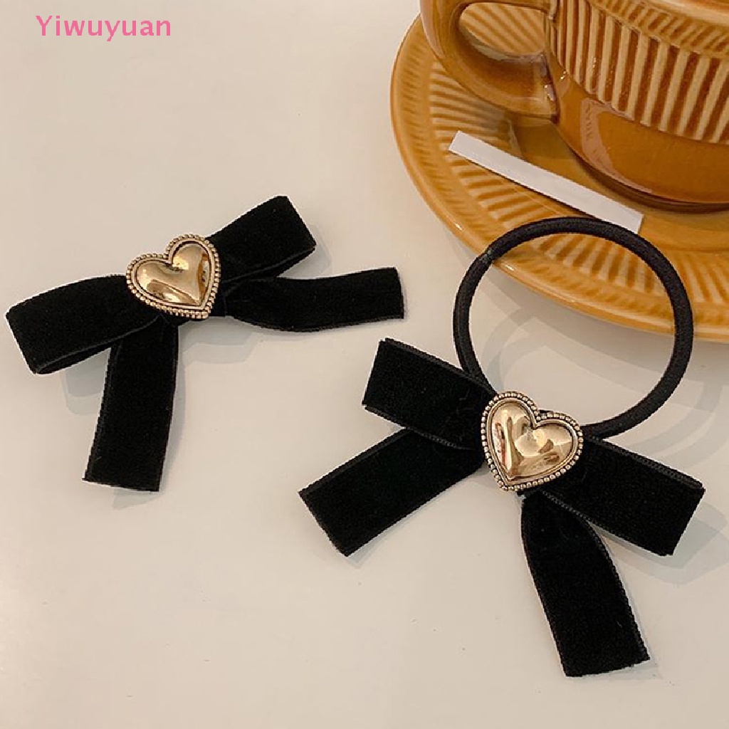 Dây Cột Tóc Hình Nơ Trái Tim Bằng Nhung Màu Đen Thanh Lịch Cho Nữ