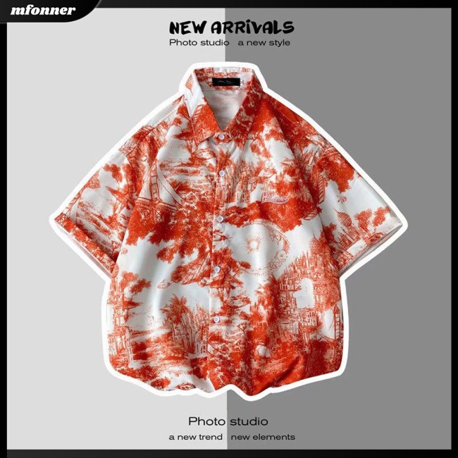 Áo Thun Lụa Lạnh Tay Ngắn Cổ Bẻ In Hình Phong Cảnh Phong Cách Retro Cho Nam Giới