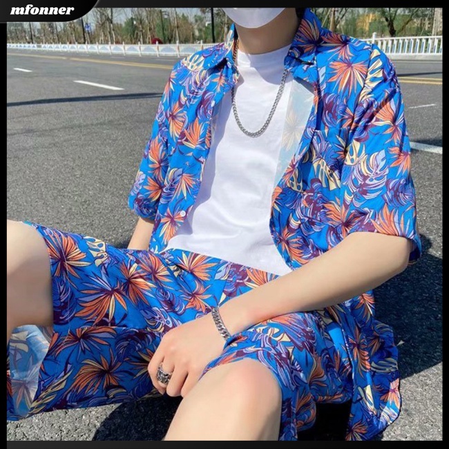 Set Đồ Đi Biển 2 Món Họa Tiết Hoa Phong Cách Hawaii Cho Nam