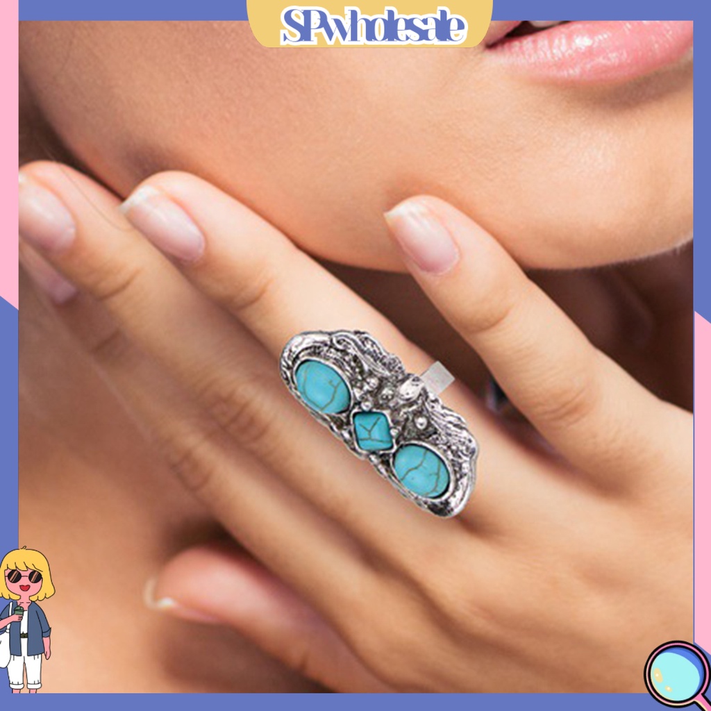 <SPwholesale> Nhẫn Hở Chạm Khắc Hoa Văn Đá Xanh Lá Phong Cách Bohemian Có Thể Điều Chỉnh Kích Thước Cho Bữ