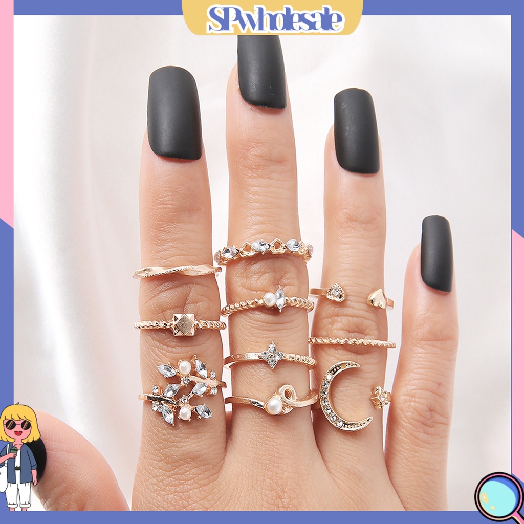 <SPwholesale> Set 10 Nhẫn Thời Trang Hình Học / Lá / Mặt Trăng / Trái Tim Không Phai Màu Trọng Lượng Nhẹ Cho Nữ