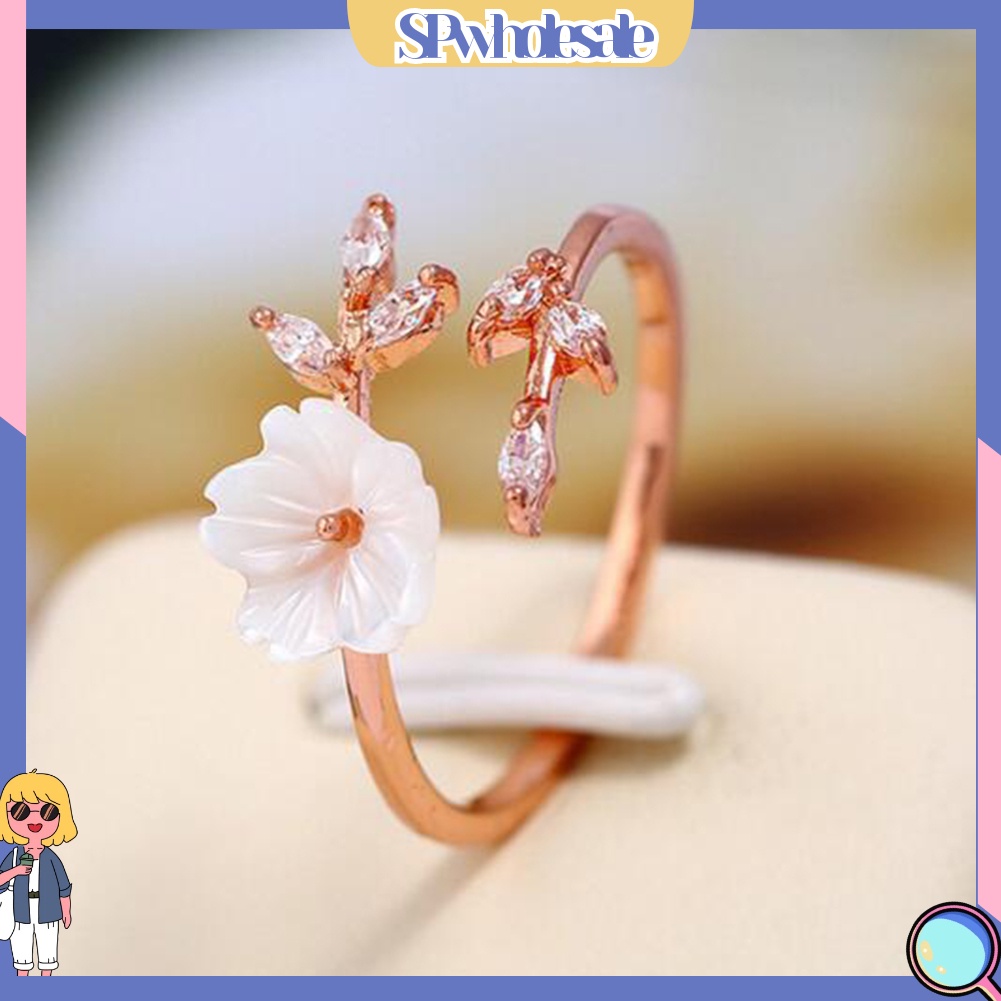 <SPwholesale> Nhẫn Hợp Kim Hở Hình Cành Hoa Vỏ Sò Đính Đá Thời Trang Cho Nữ