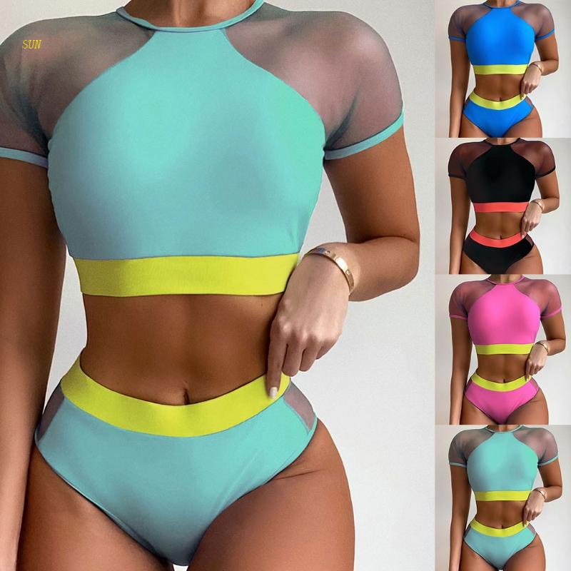 Bộ Đồ Bơi Bikini 2 Mảnh Tay Ngắn Phối Lưới Màu Sắc Tương Phản Quyến Rũ Dành Cho Nữ