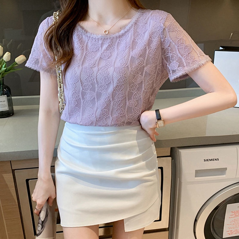 Áo Thun Tay Ngắn Cổ Tròn Phối Ren Nhẹ Nhàng Phong Cách Mới Dành Cho Nữ