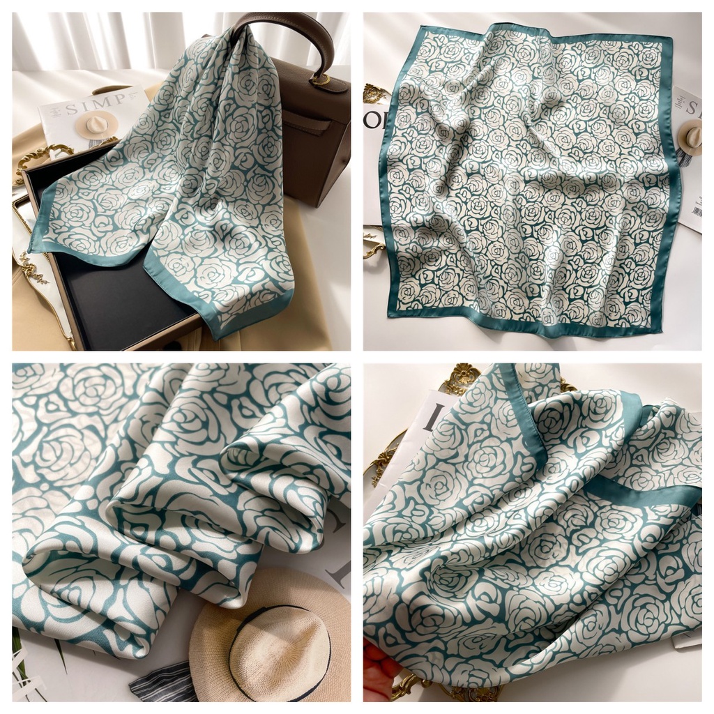 Khăn Choàng Cổ Hình Vuông 70x70CM Bằng Lụa In Họa Tiết Hoa Trà Xanh Đơn Giản Thanh Lịch