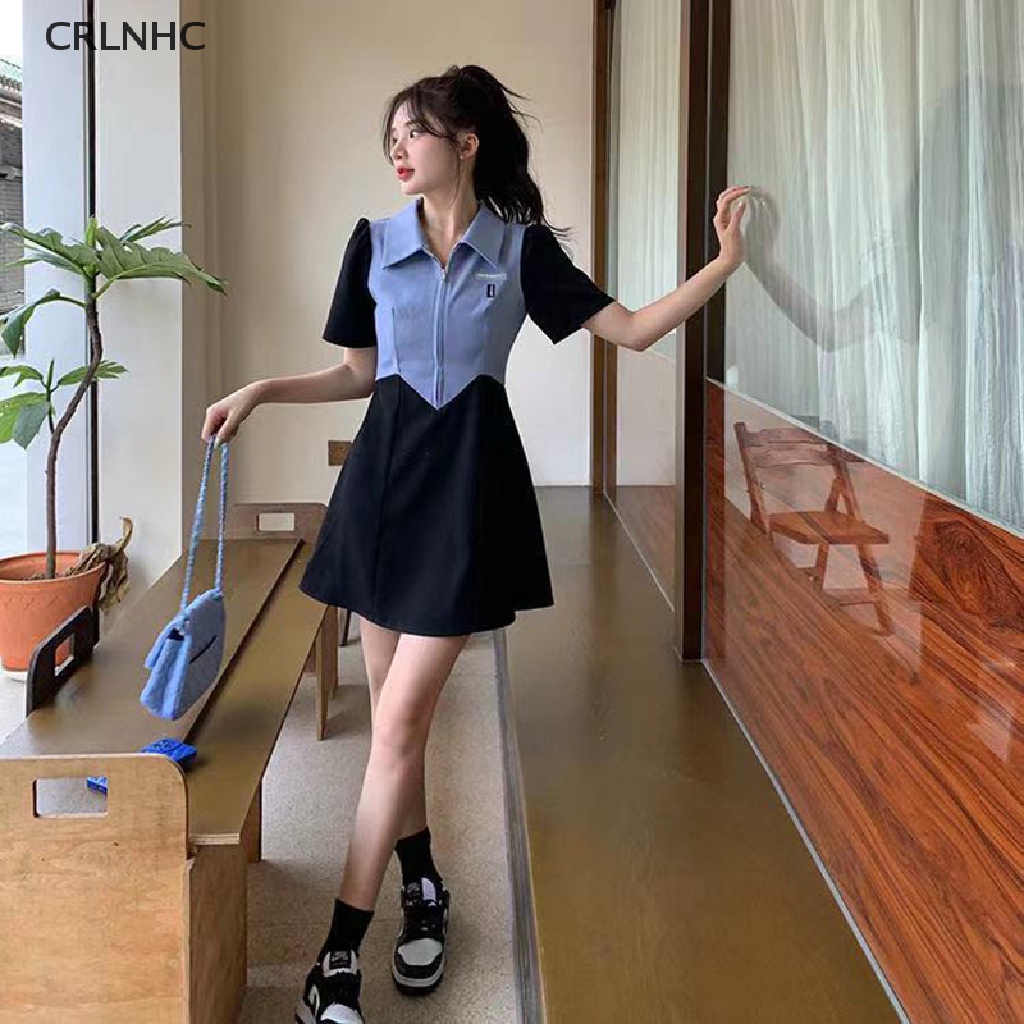 Đầm polo CRLNHC Y2k dáng chữ A ngắn tay xẻ tà phối màu tương phản phong cách Hàn Quốc thời trang mùa hè 2023 cho nữ