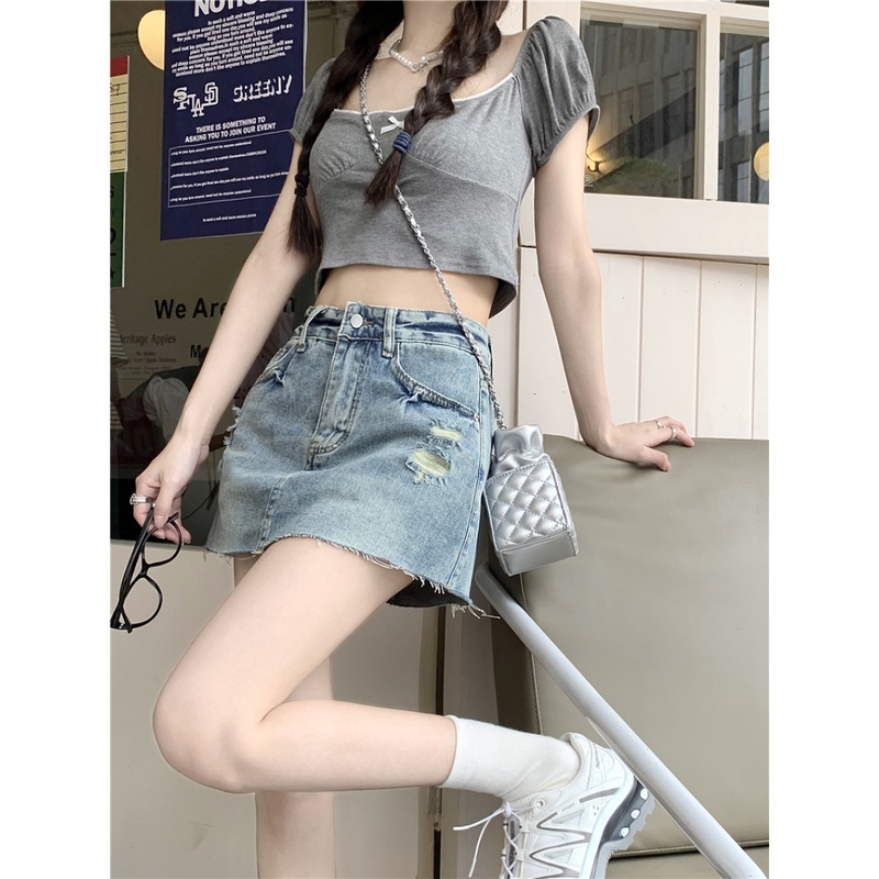 Chân Váy Denim Chữ A Lưng Cao Dáng Ôm Thời Trang Cho Nữ