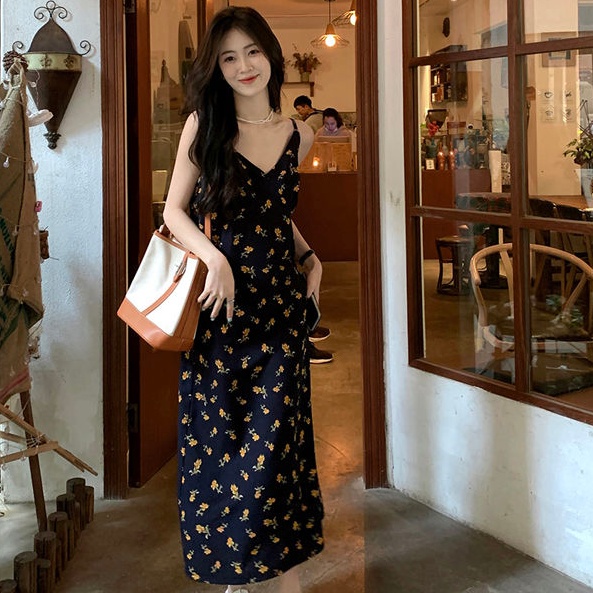 COZOKC Đầm Dài Trung Bình Không Tay Ôm Dáng In Hoa Phiên Bản Hàn Quốc