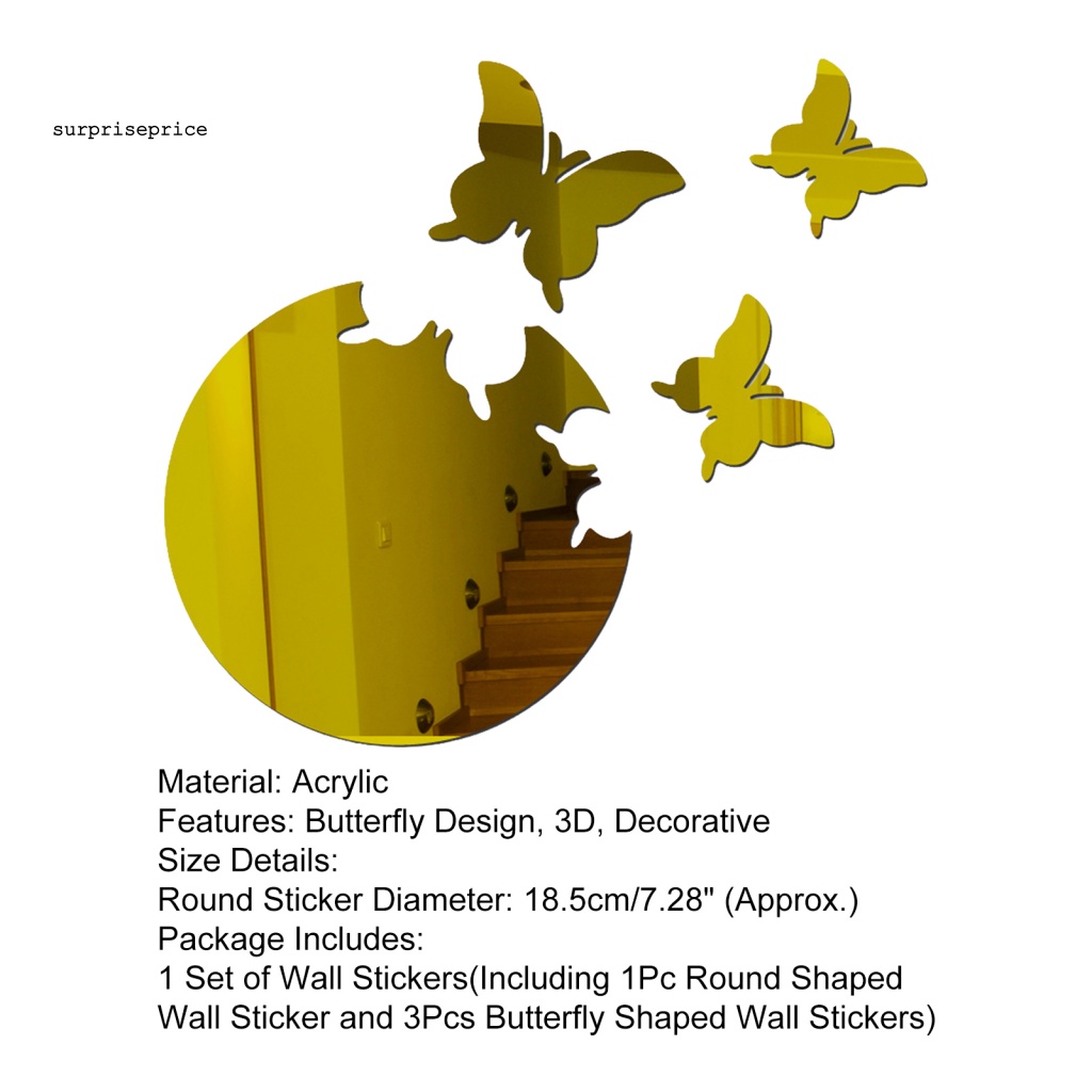 Set 4 Sticker Dán Tường Mặt Gương Acrylic Hình Bướm 3D Chống Phai Màu Cho Nhà Ở