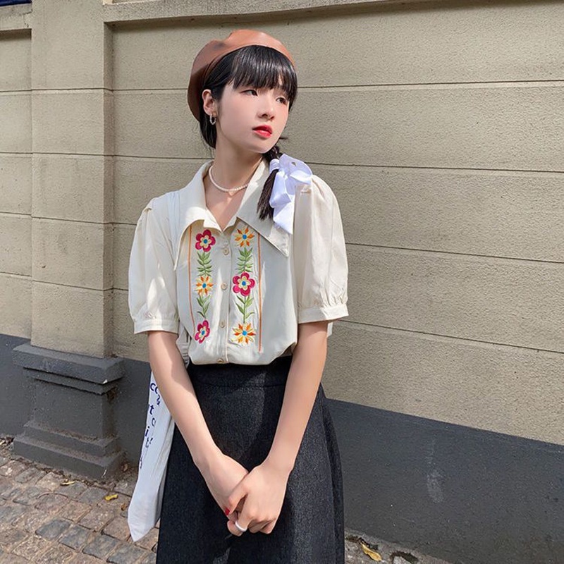 IELGY   Áo Sơ Mi Tay Ngắn Phồng Thêu Hoa Phong Cách Pháp Cổ Điển Thời Trang Cho Nữ
