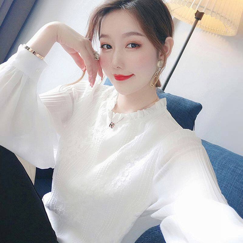 Áo Sơ Mi Chiffon Tay Dài Cổ Tròn Thêu Họa Tiết Phong Cách Retro Thời Trang Xuân Thu Mới Cho Nữ