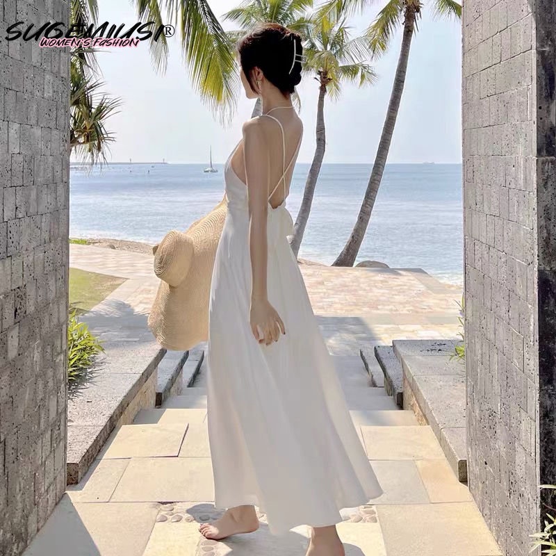 Sugemiusi Đầm Đi Biển Hai Dây Dáng Ôm Thần Tiên Thích Hợp Đi Nghỉ Mát