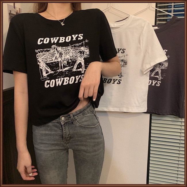 Áo Croptop Tay Ngắn Cổ Tròn In Chữ Thời Trang Cho Nữ